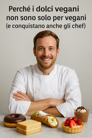 Chef felice con dolci vegani artigianali su banco da cucina, simbolo della nuova pasticceria inclusiva
