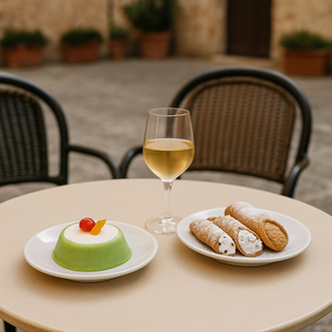 Dolci vegani siciliani serviti all’aperto in un ristorante, con cassata e cannoli su tavolo elegante in contesto turistico e sostenibile