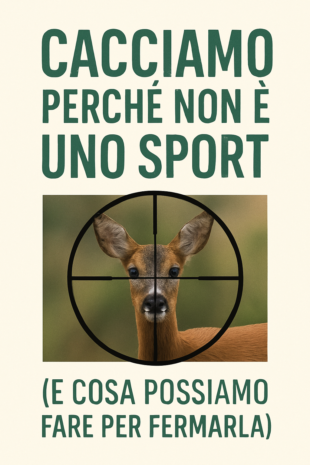 Un capriolo nel mirino di un mirino da caccia con scritta “Cacciamo perché non è uno sport”.