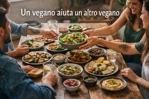 Comunità vegana che condivide un pasto con il messaggio un vegano aiuta un altro vegano